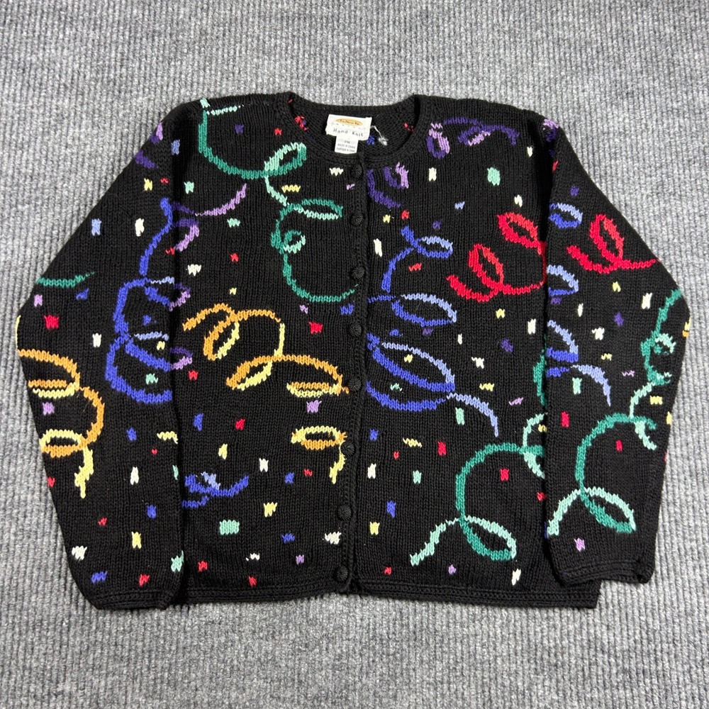 Vintage Talbots Cardigan Women's M Petites Hand Knit Black Confetti Buttoned